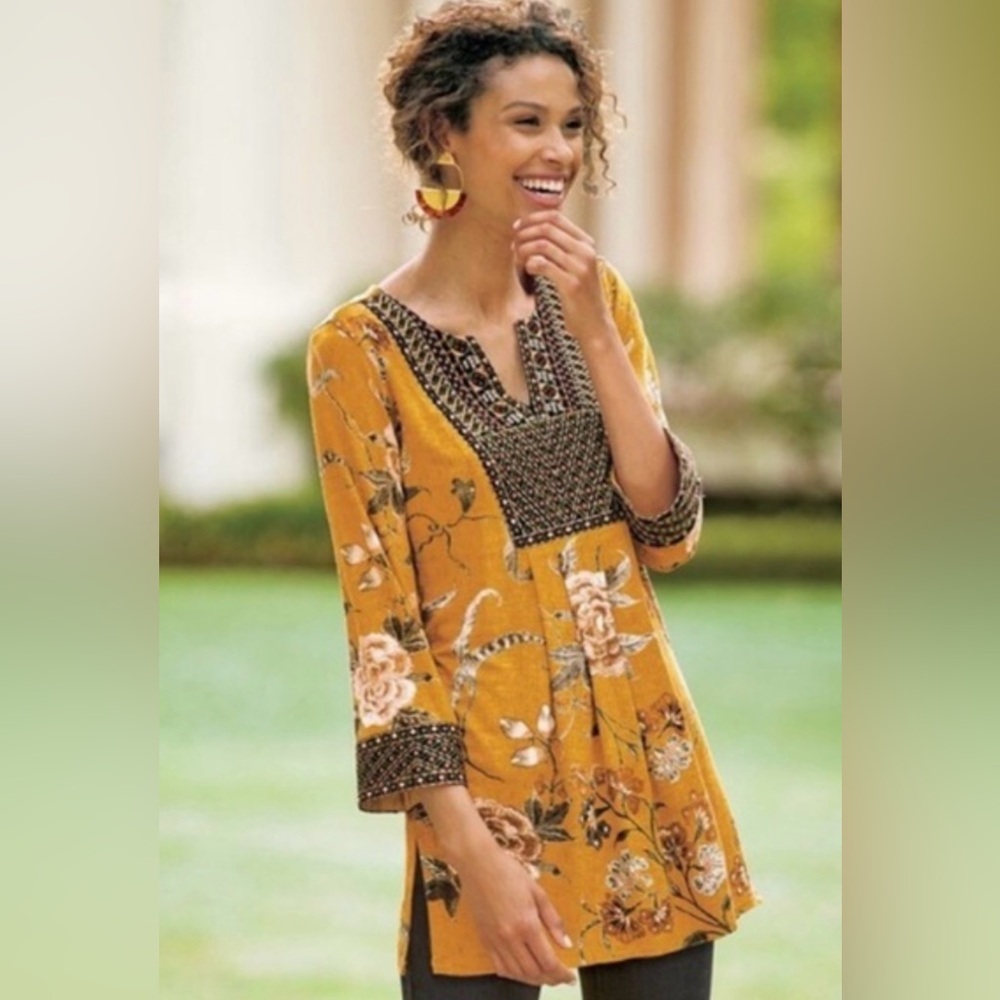 Soft Surroundings Etana Gold Floral Embroidered 3/4 Sleeve Tunic Top Size Small‎
